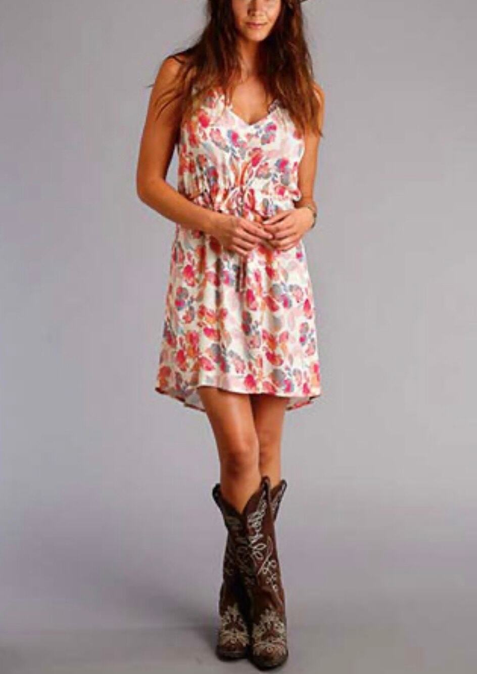 Stetson Floral Peplum Dress Women L Ivory Pink Hi Lo Western Ruffle Sleeveless